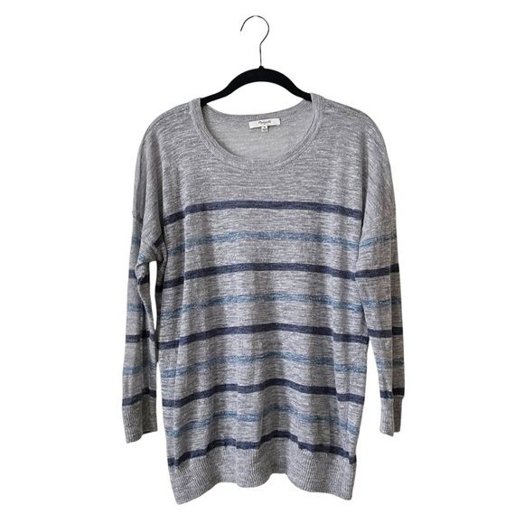 Madewell Linen Top Womens Size M Gray Blue Striped Crewneck Long Sleeve Pullover - Picture 1 of 6
